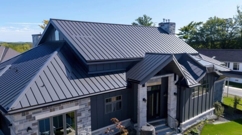 Une nouvelle maison avec un toit en métal installé a été achevée. Montre la propreté et la beauté de l'installation